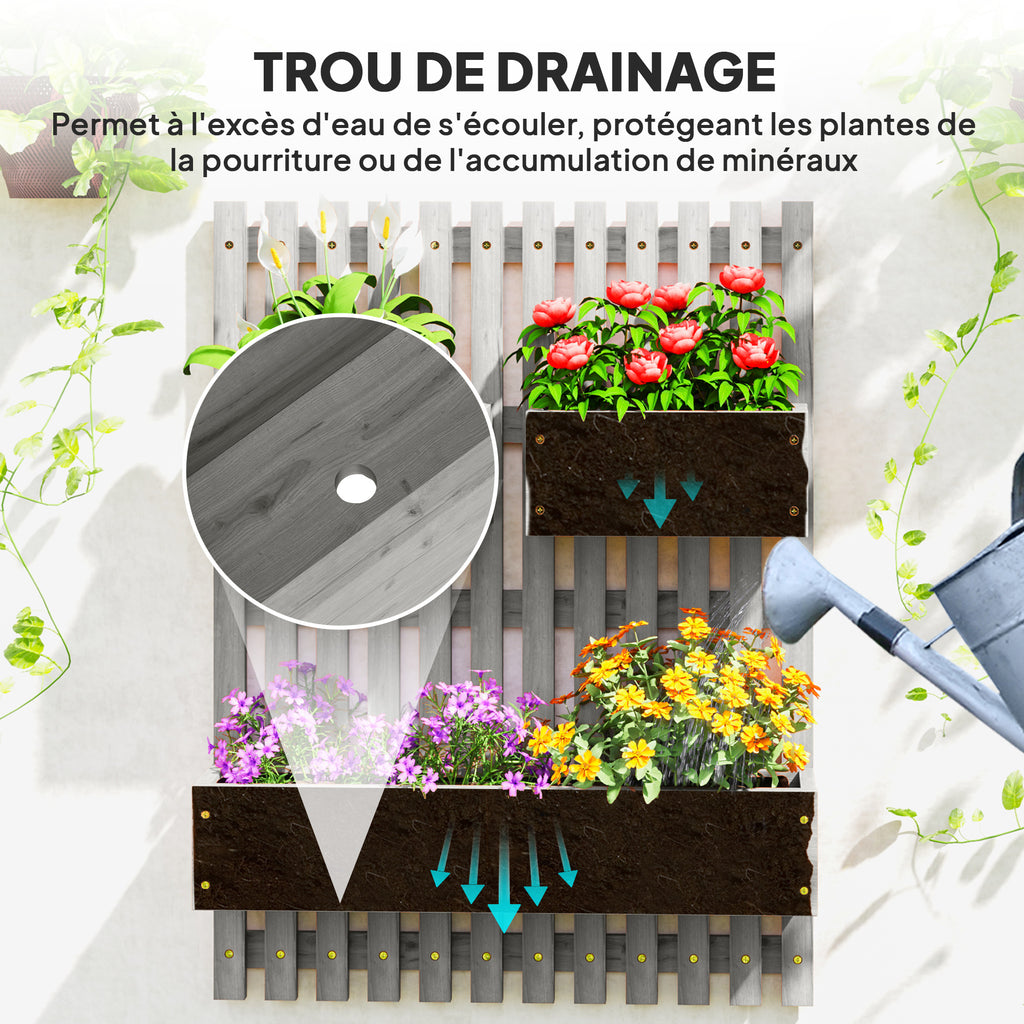 Jardinière murale potager avec 3 bacs en bois massif amovibles, tissu non tissé, 60 x 16 x 80 cm gris