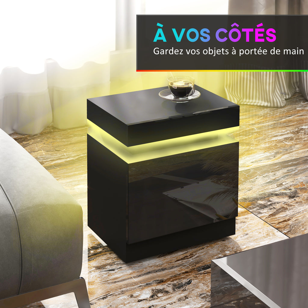 Table de chevet table de nuit lumière LED RVB panneau haute brillance avec 2 tiroirs pour salon chambre à coucher noir