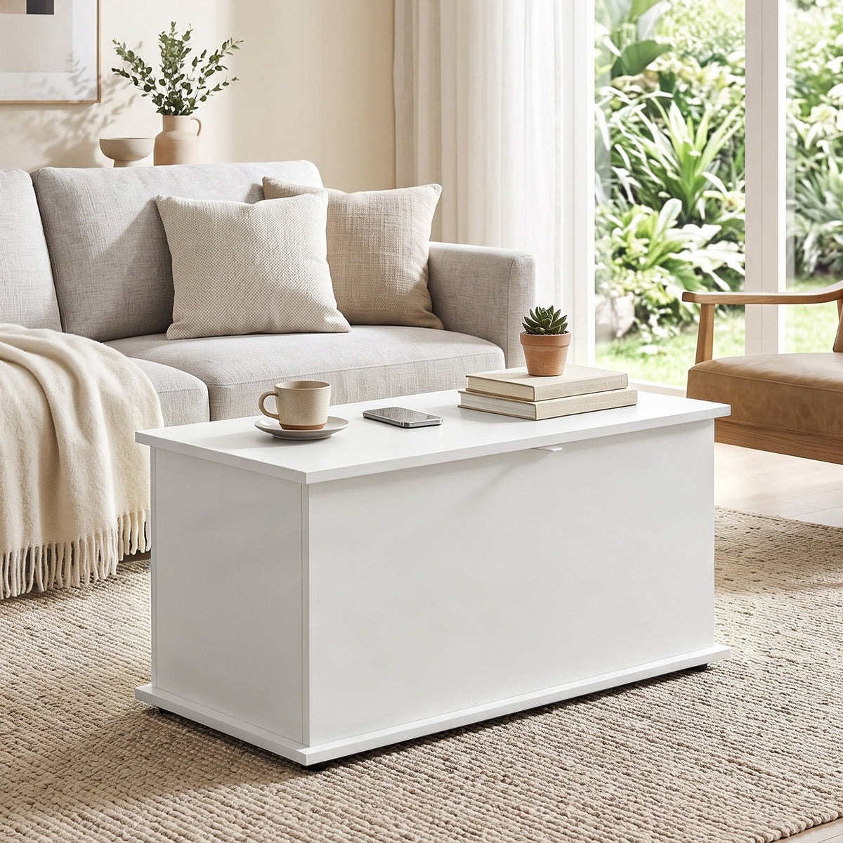 Coffre de Rangement, Banc de Rangement avec Couvercle Rabattable et Charnières de Sécurité, 80 x 40 x 45 cm, Blanc