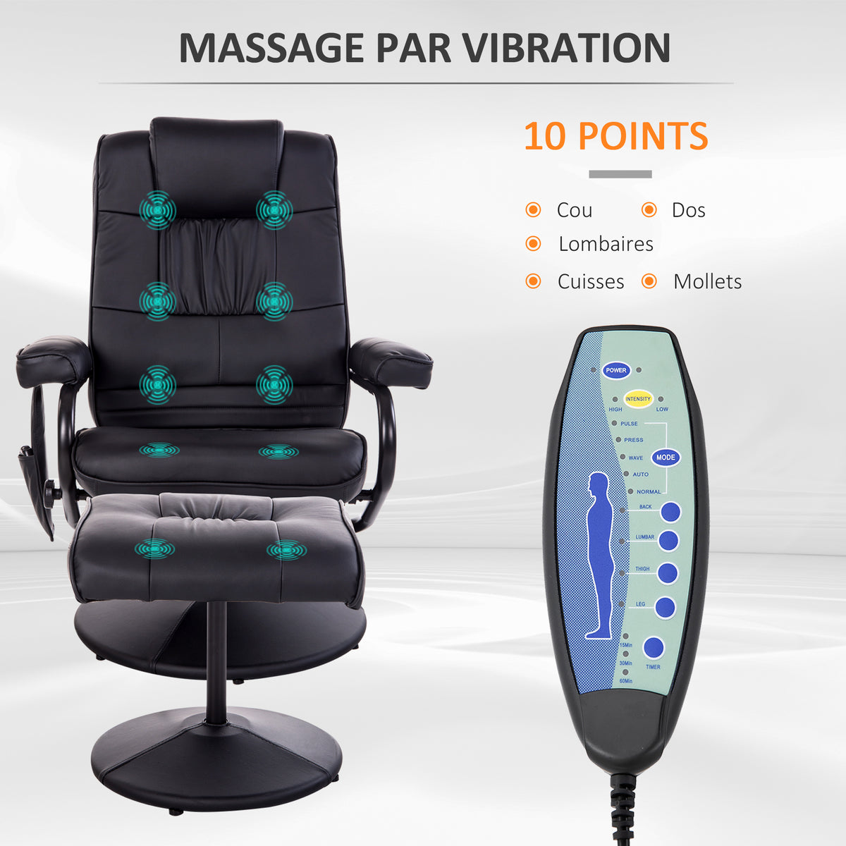 Fauteuil de Massage et Relaxation électrique pivotant inclinable avec Repose-Pied revêtement synthétique Noir