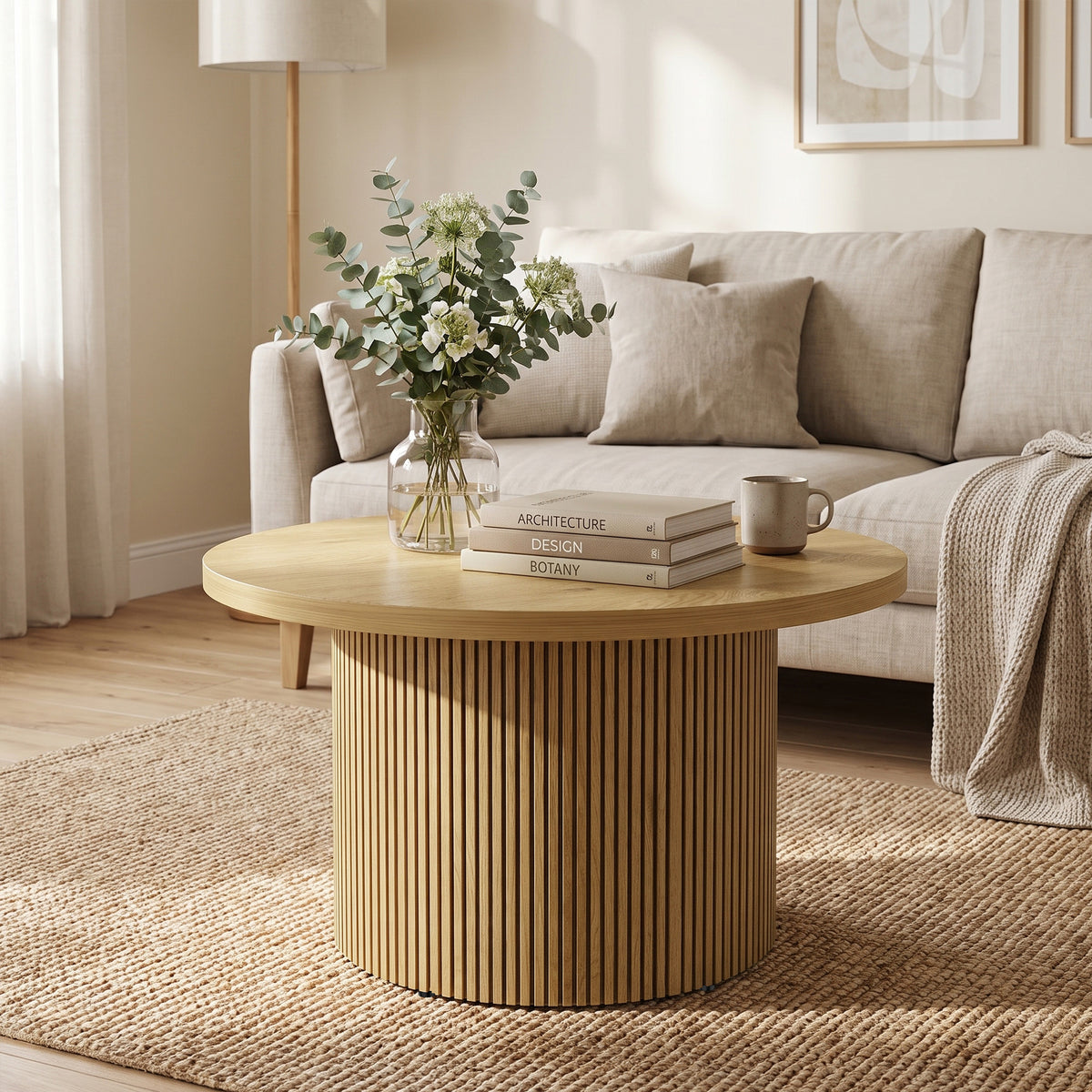 Table basse ronde en bois, table de salon avec piètement cannelé, style moderne, effet bois naturel