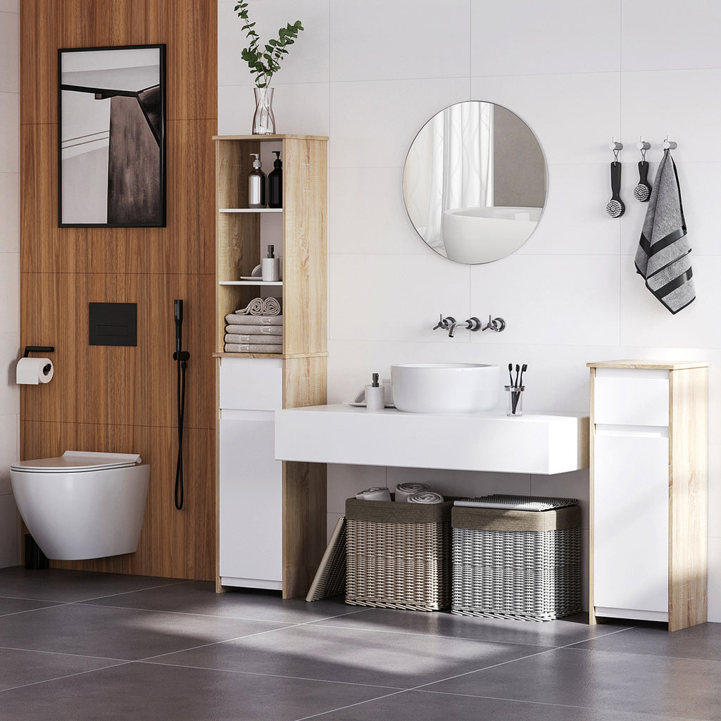 Meuble Colonne Rangement Salle de Bain Style Cosy 3 niches tiroir Placard avec étagère Blanc Aspect chêne Clair