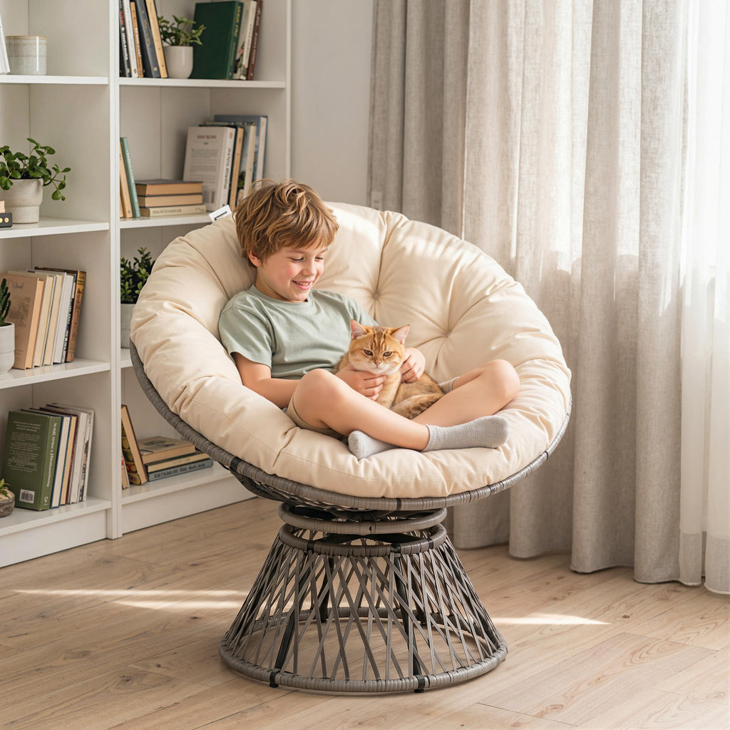 Fauteuil rond de jardin fauteuil papasan pivotant Ø 97 x 90H cm grand coussin fourni polyester résine tressée