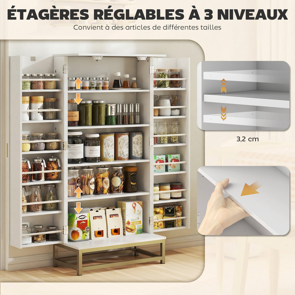 Armoire de cuisine meuble cuisine rangement avec 12 étagères à portes, étagères ajustables, 58x29x119,5cm, blanc