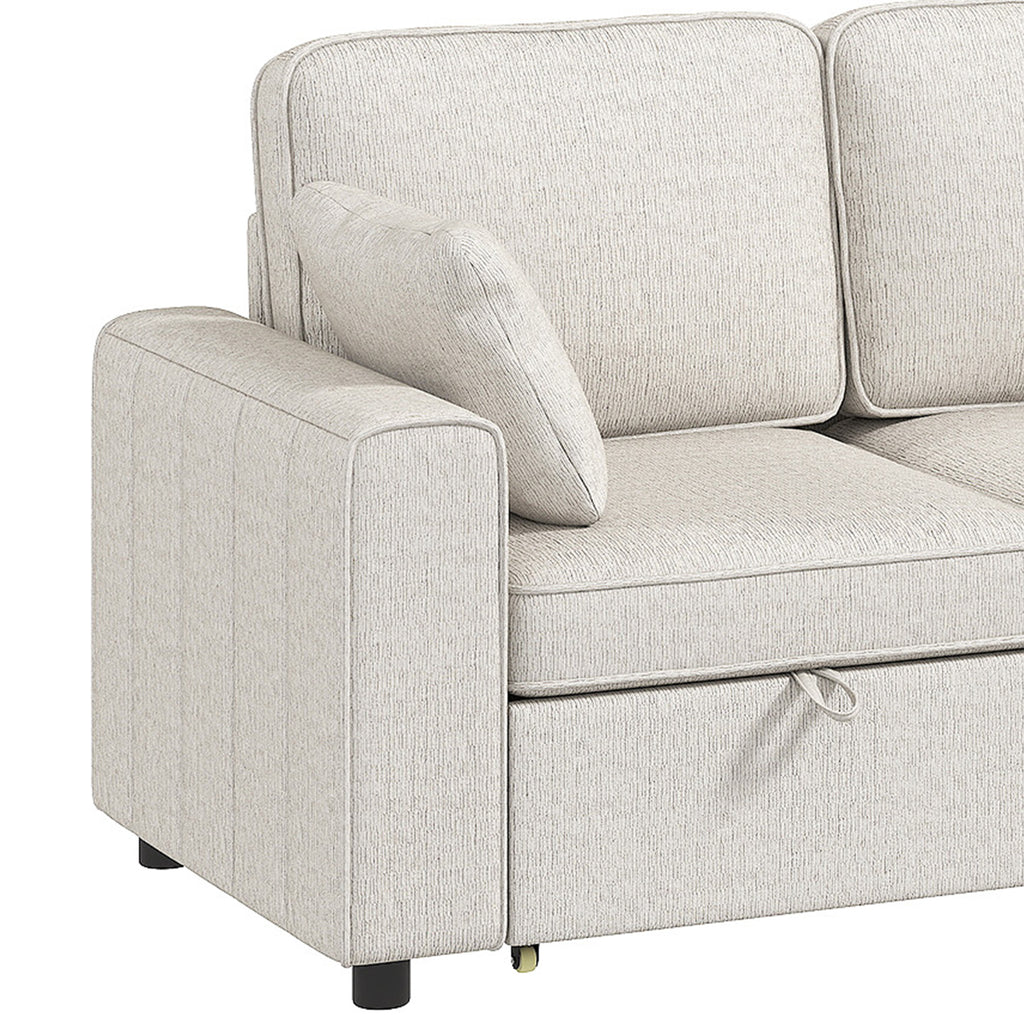 Canapé d'Angle Convertible en Chenille, Canapé-Lit 3 Places Modulaire 225 cm avec Pouf de Rangement, Beige
