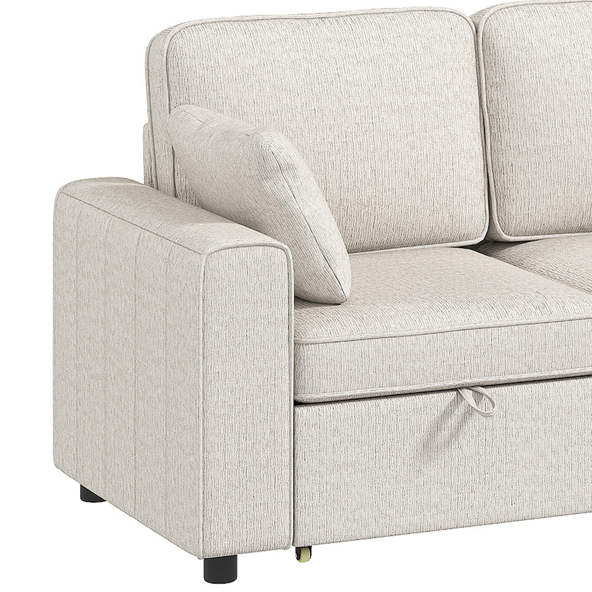 Canapé d'Angle Convertible en Chenille, Canapé-Lit 3 Places Modulaire 225 cm avec Pouf de Rangement, Beige