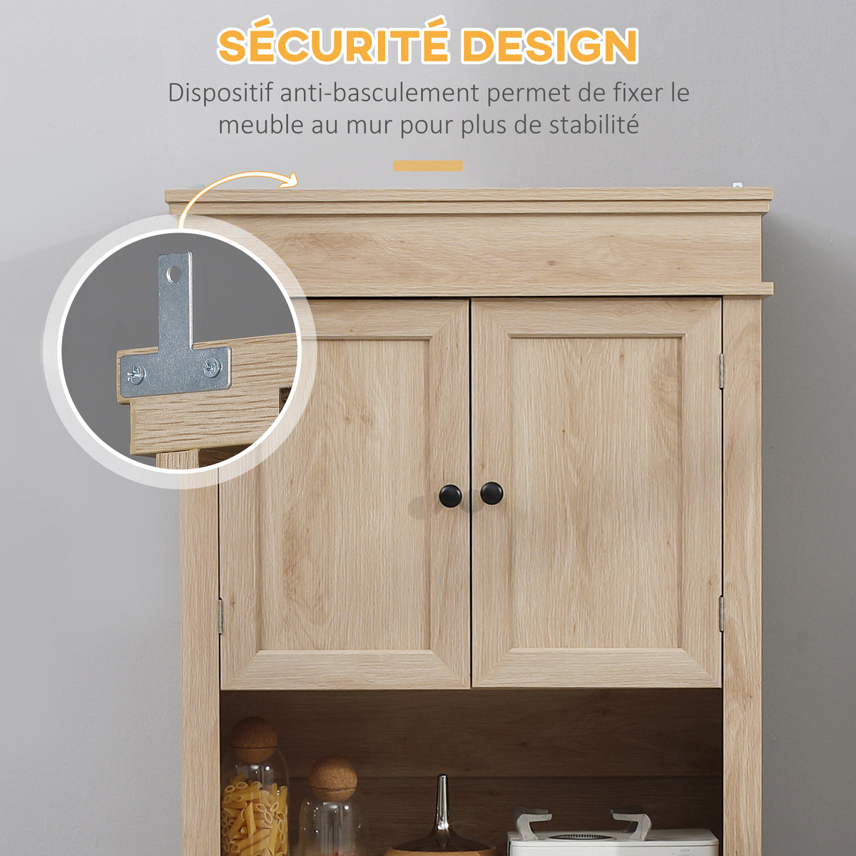 Armoire de cuisine buffet cuisine vaisselier meuble de rangement style moderne avec placards, étagères réglables, tiroir, et niche, pour salle à manger, salon, 74 x 39,5 x 183 cm, chêne clair