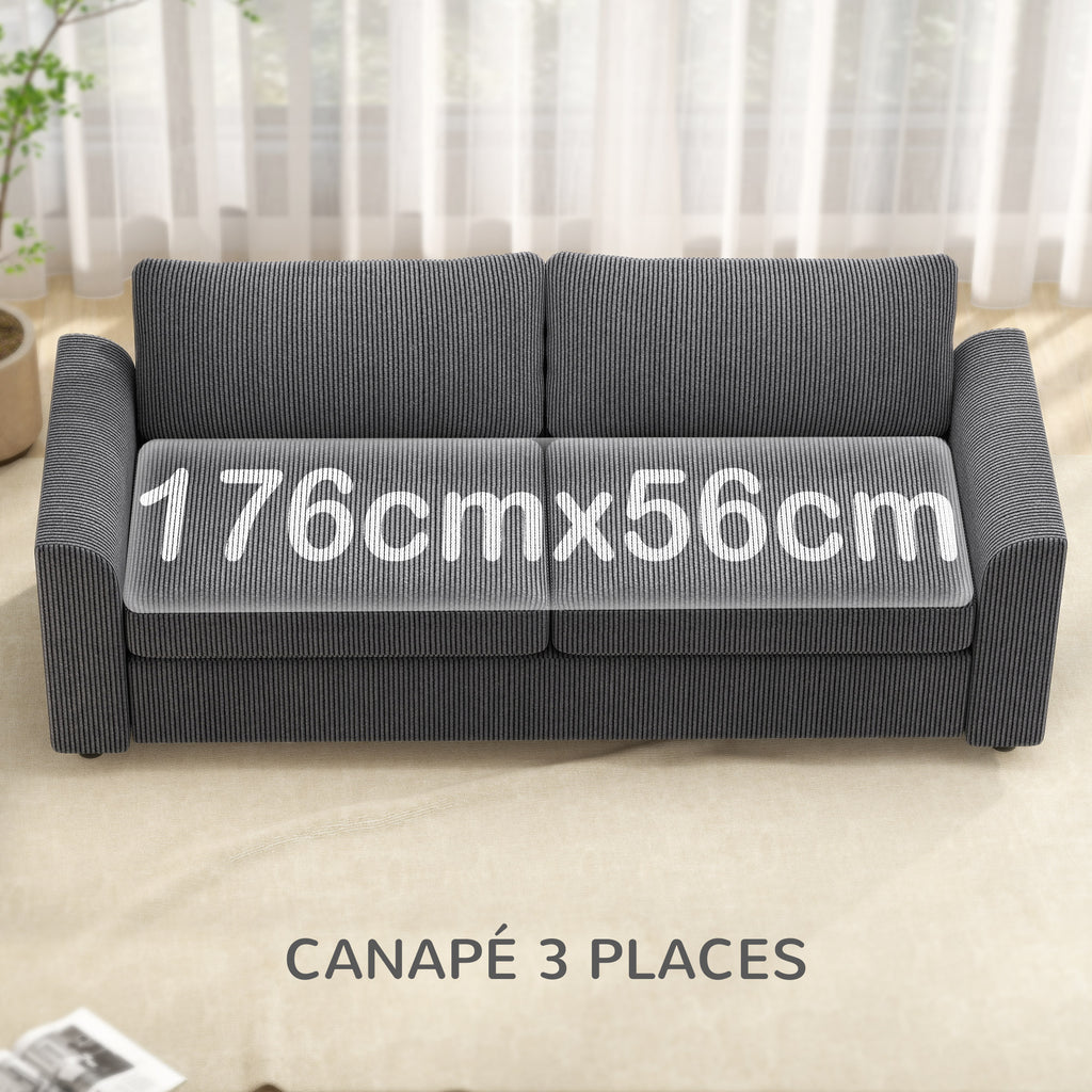 Canapé 3 places 212 cm avec 2 coussins à ressorts, tissu velours côtelé, pour salon, chambre, bureau à domicile, gris foncé