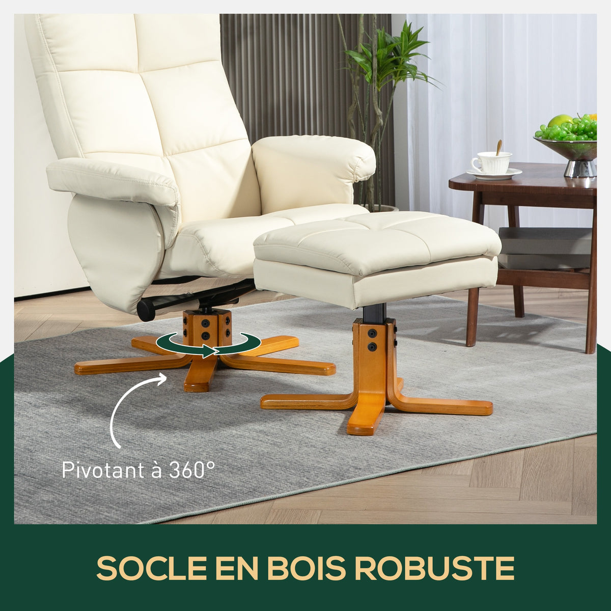 Fauteuil relax avec repose-pied, fauteuil de relaxation, pivotant à 360°, dossier inclinable, 80 x 86 x 99 cm, crème