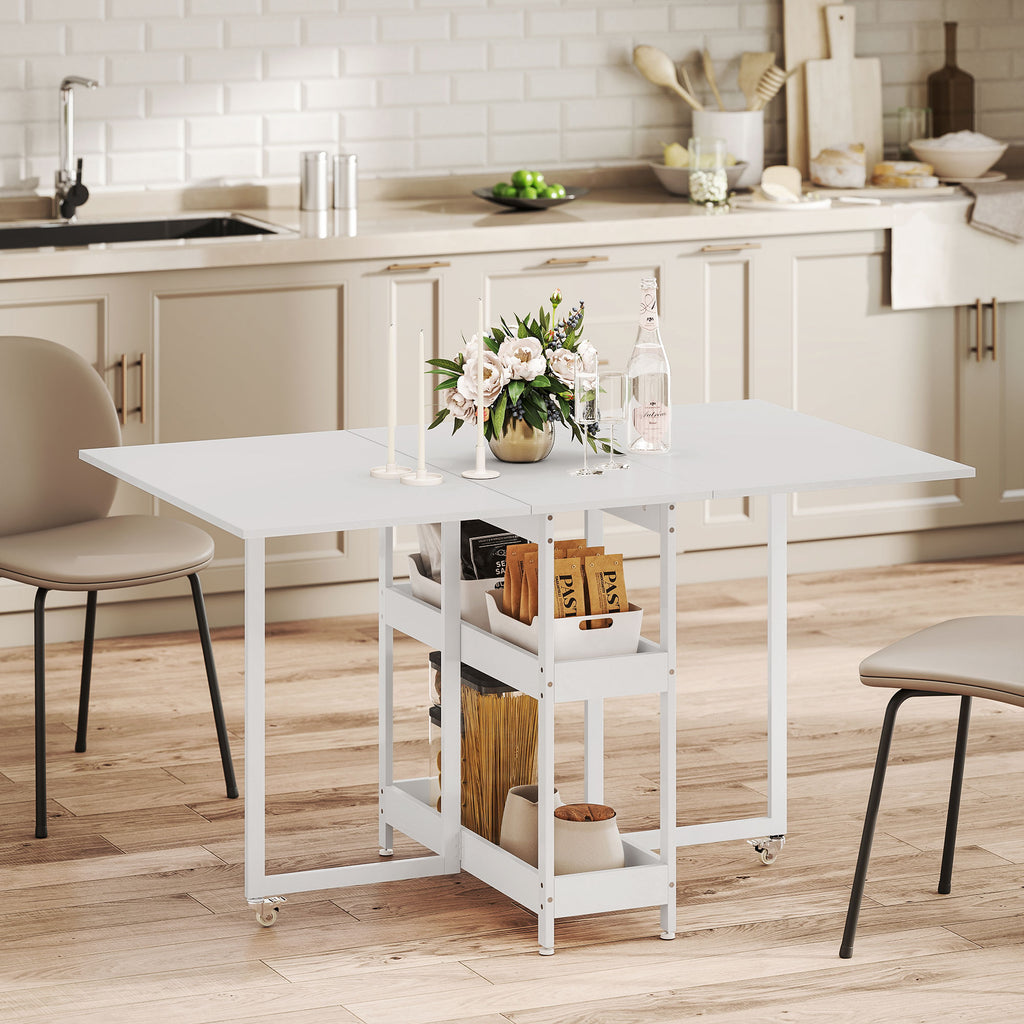 Table à manger pliante sur roulettes 4 personnes avec compartiments ouverts, pour petits espaces, salle à manger, blanc
