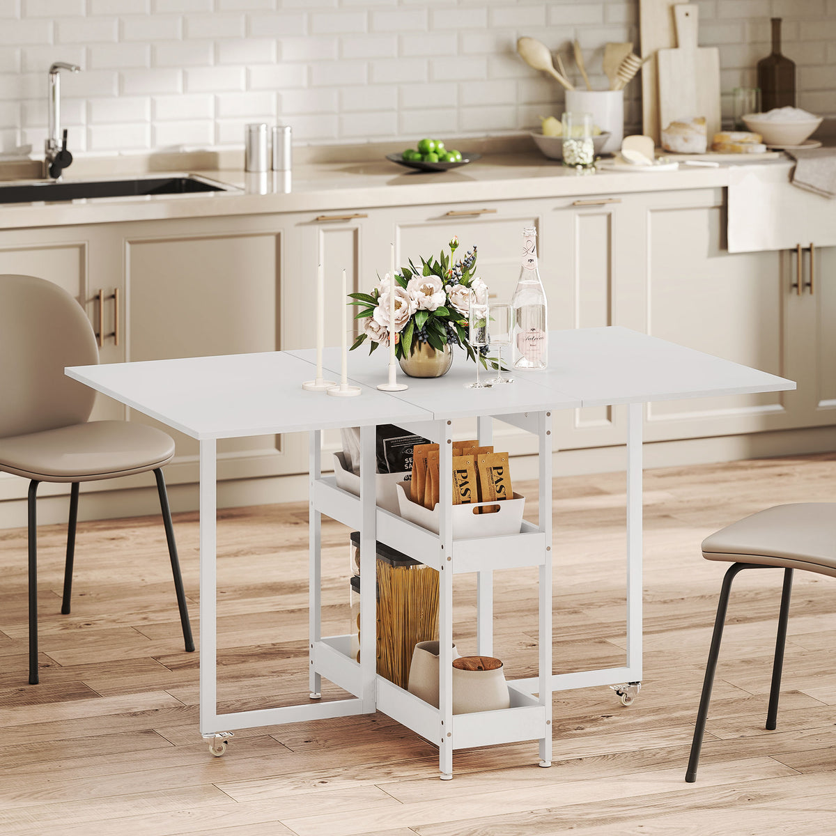 Table à manger pliante sur roulettes 4 personnes avec compartiments ouverts, pour petits espaces, salle à manger, blanc
