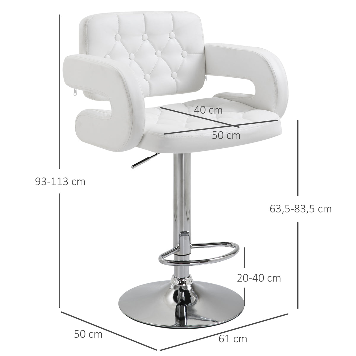 Tabouret de bar pivotant chaise de bar réglable en hauteur avec dossier repose-pieds et accoudoirs 61x50x93-113cm blanc