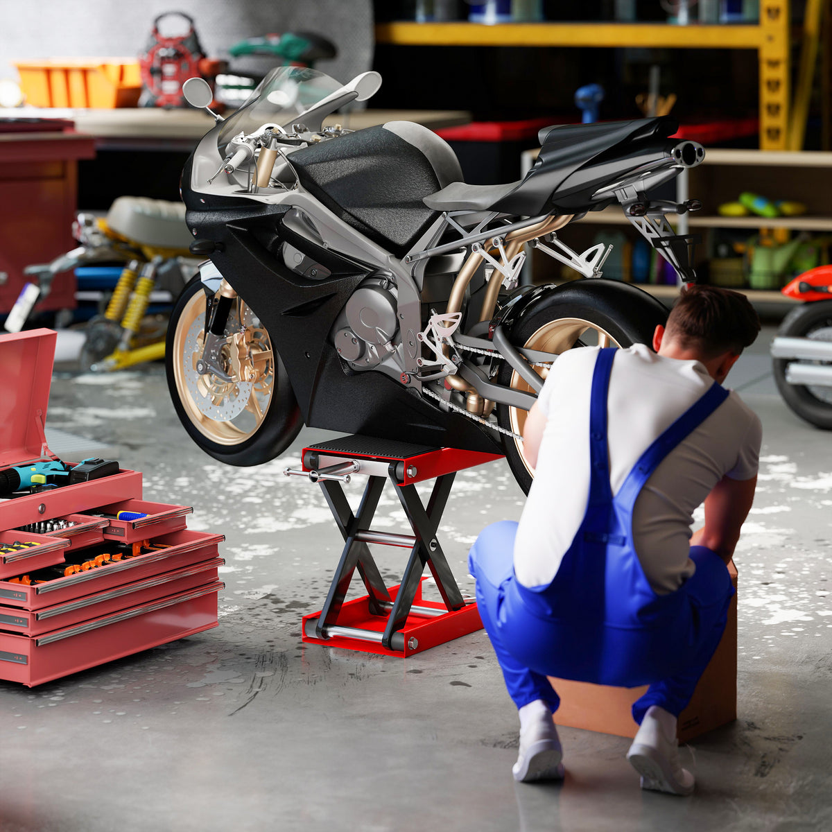 Cric de Moto à Ciseaux 500 kg, Hauteur de Levage 10-37 cm - Lève-Moto en Acier avec Plateforme Antidérapante - Béquille d'Atelier Tout-Terrain pour Entretien Atelier, Rouge