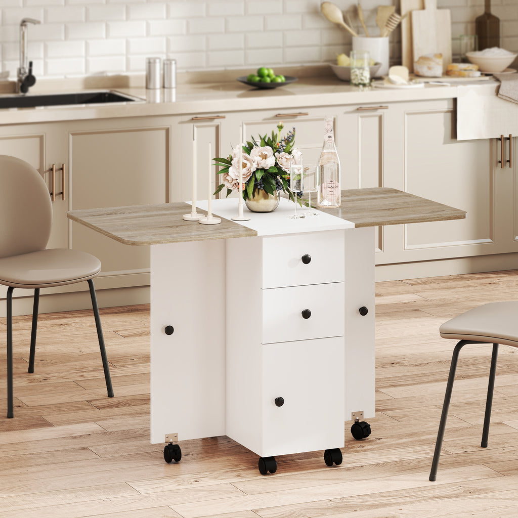 Table de cuisine pliable table à manger pliante 2 plateaux rabattables avec 2 tiroirs 1 placard blanc et chêne
