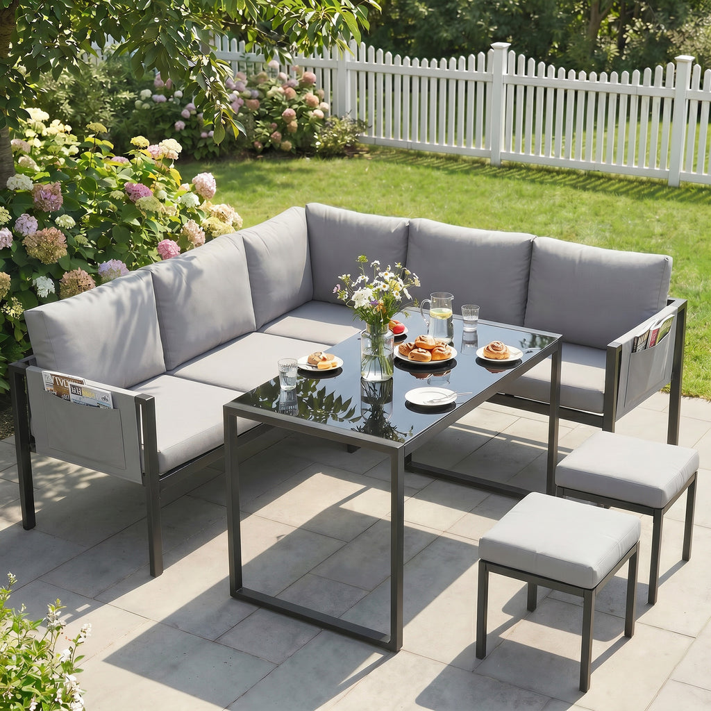 Salon de Jardin Canapé d'Angle Extérieur 6 Pièces Coussins 10cm Table Haute et 2 Repose-pieds Gris