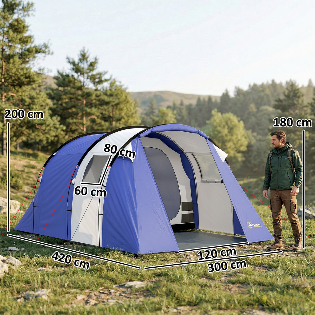 Tente de Camping pour 4 Personnes, 2 Chambres, Imperméable 3000mm, avec Tapis de Sol et Sac, 420x300x200cm, Bleu Foncé