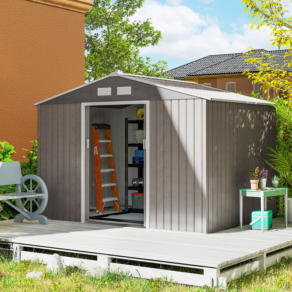 Abri de jardin 5,4 m² 2,77 x 1,95 x 1,92 m kit de fondation porte coulissante ventilations acier galvanisé, marron clair