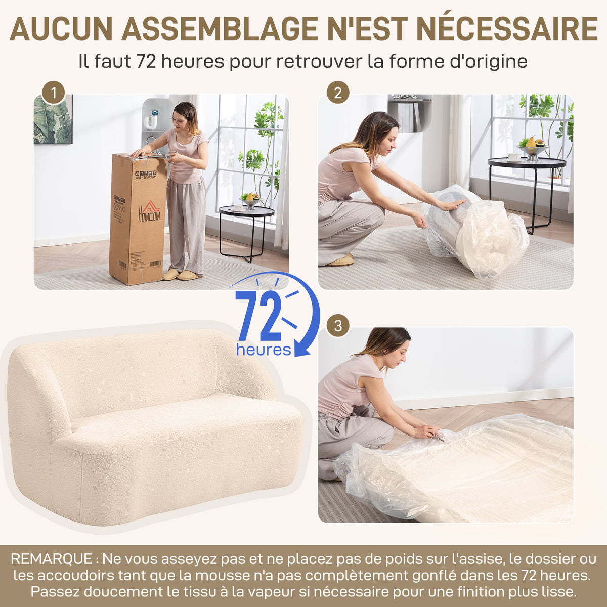 Canapé 2 places canapé en tissu bouclette 142 cm avec dossier et assise incurvés, aucun assemblage requis, beige