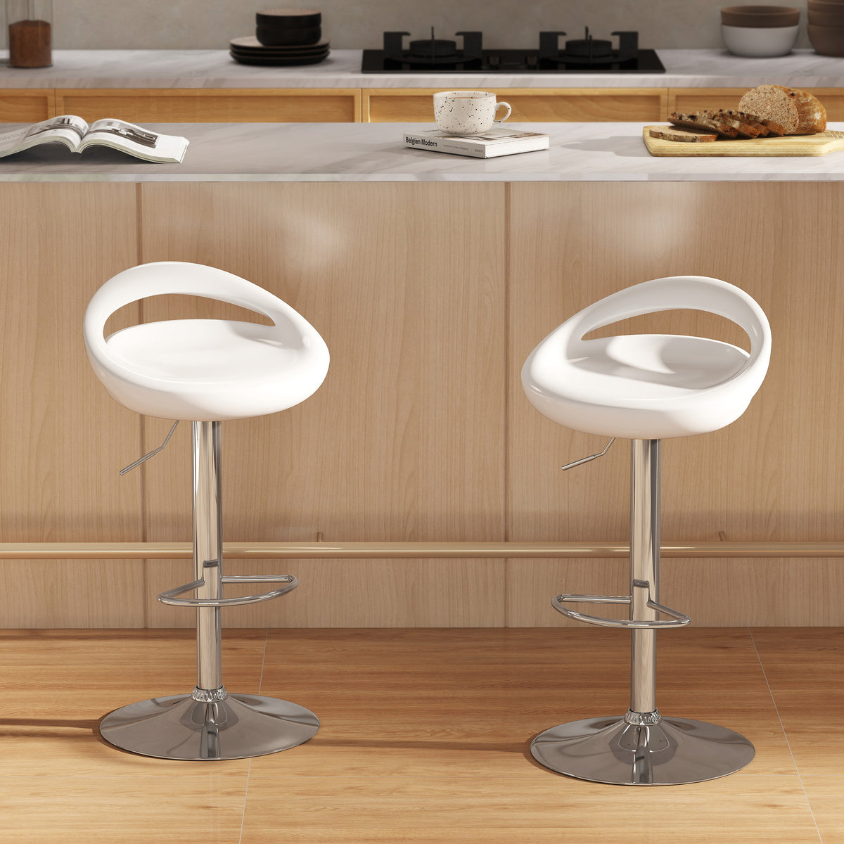 Lot de 2 tabourets de bar chaises de bar hauteur réglable dossier et repose-pieds pivotant à 360° 46x41x76-96cm blanc