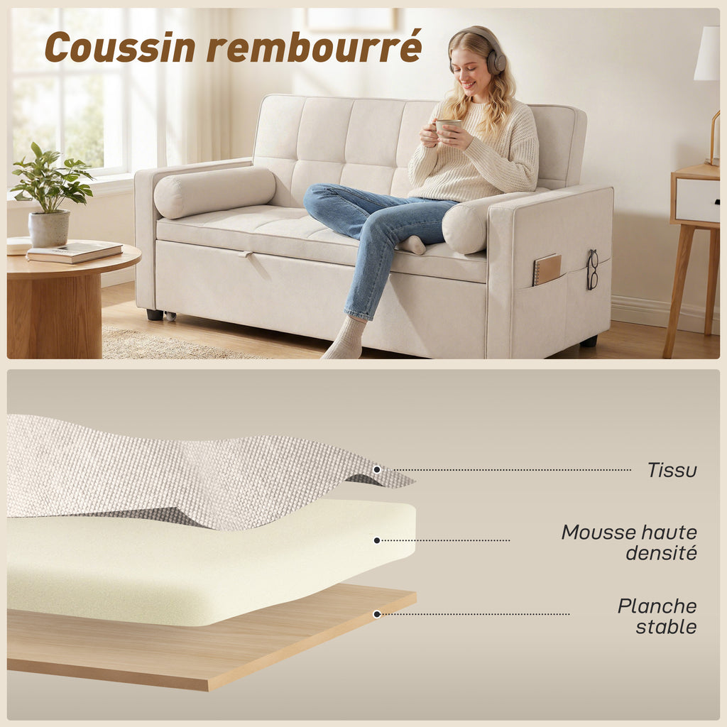 Canapé convertible 2 places 3 en 1 canapé-lit avec lit gigogne double dossier réglable 2 coussins 80,5x137,5x84cm beige