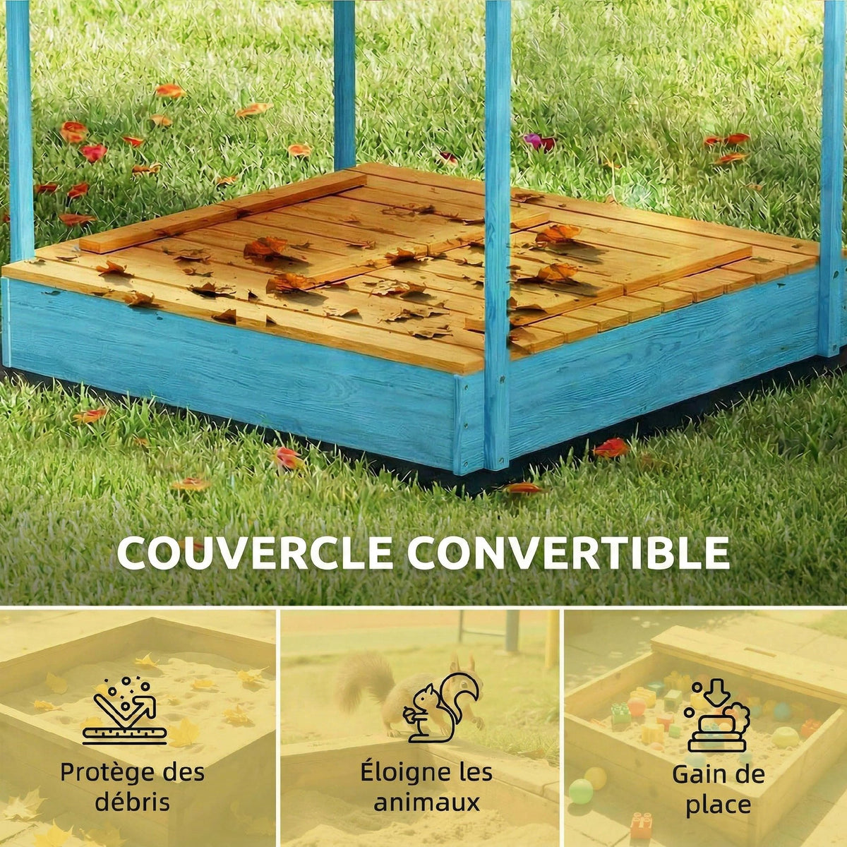 Bac à sable en bois avec couvercle, bac à sable enfant extérieur avec siège pliable toile imprimée flamants bleus