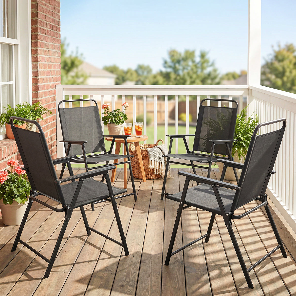 Lot de 4 chaises de jardin pliantes avec accoudoirs, chaises d'extérieur avec assise large en textilène, noir