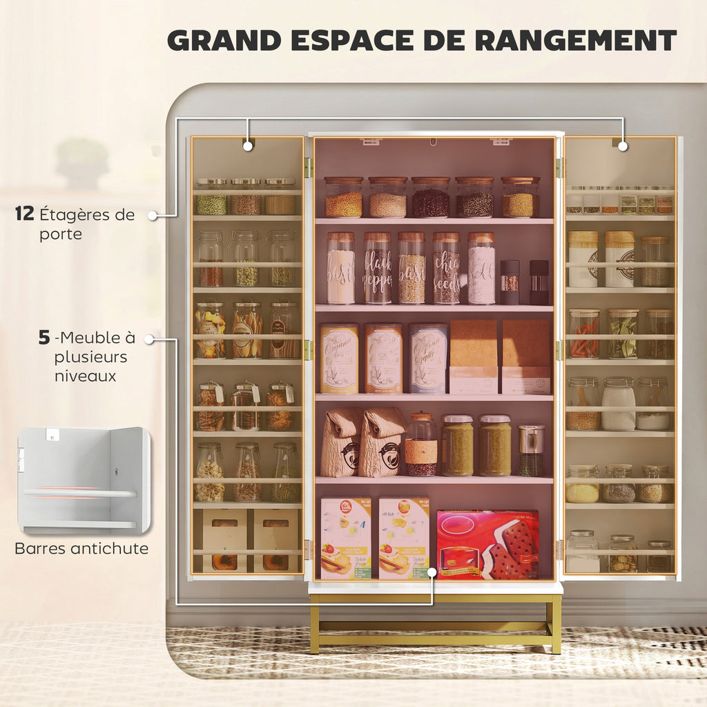 Armoire de cuisine meuble cuisine rangement avec 12 étagères à portes, étagères ajustables, 58x29x119,5cm, blanc