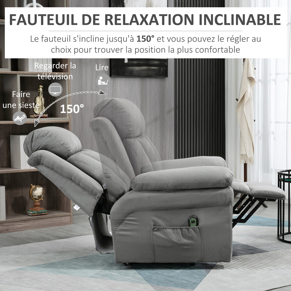 Fauteuil de Relaxation électrique Fauteuil releveur inclinable avec Repose-Pied Ajustable gris