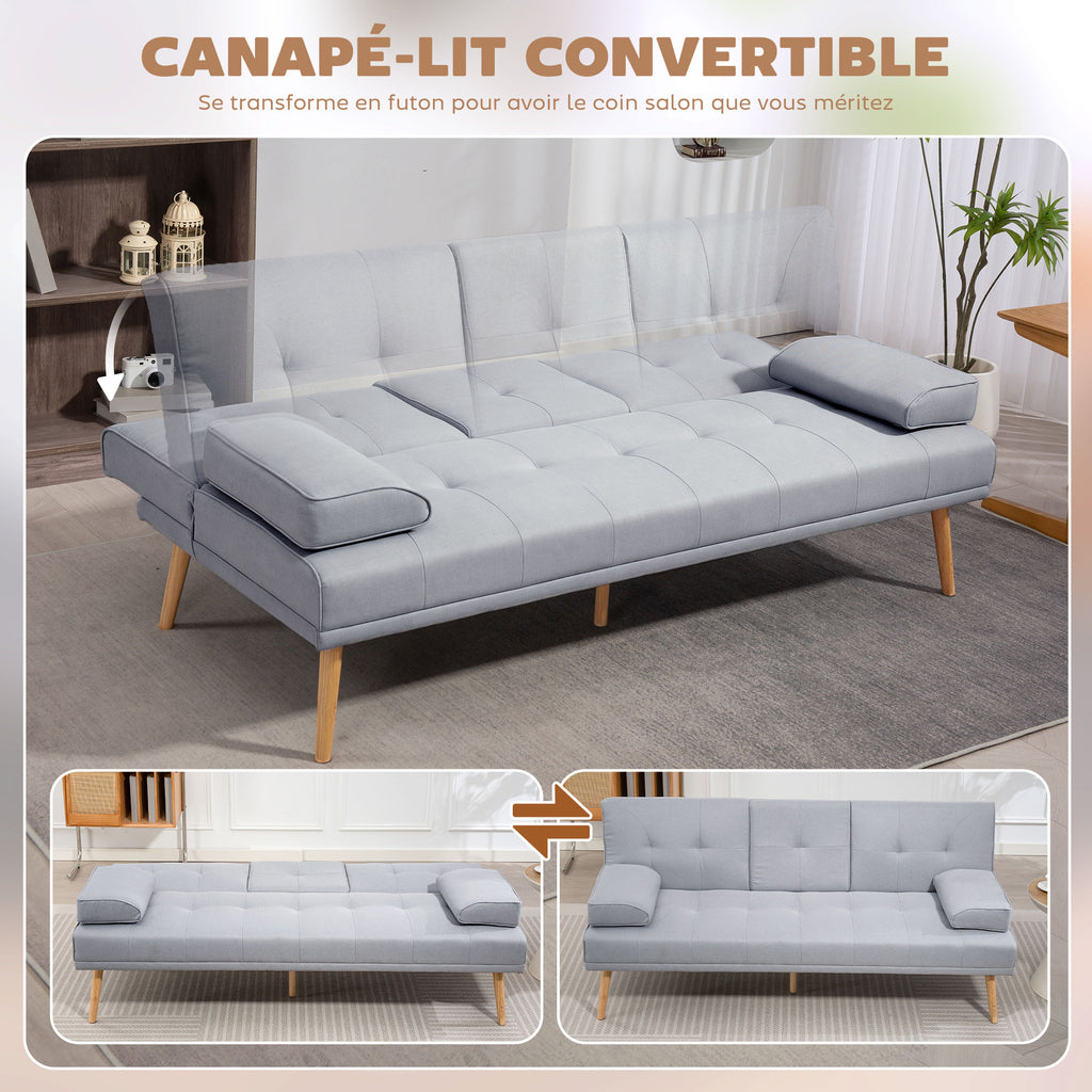 Canapé convertible 3 places, canapé-lit rembourré avec dossier réglable 3 niveaux, 2 coussins et 2 porte-gobelets intégrés, tissu de lin, pour salon, chambre d'amis, petit espace, gris clair