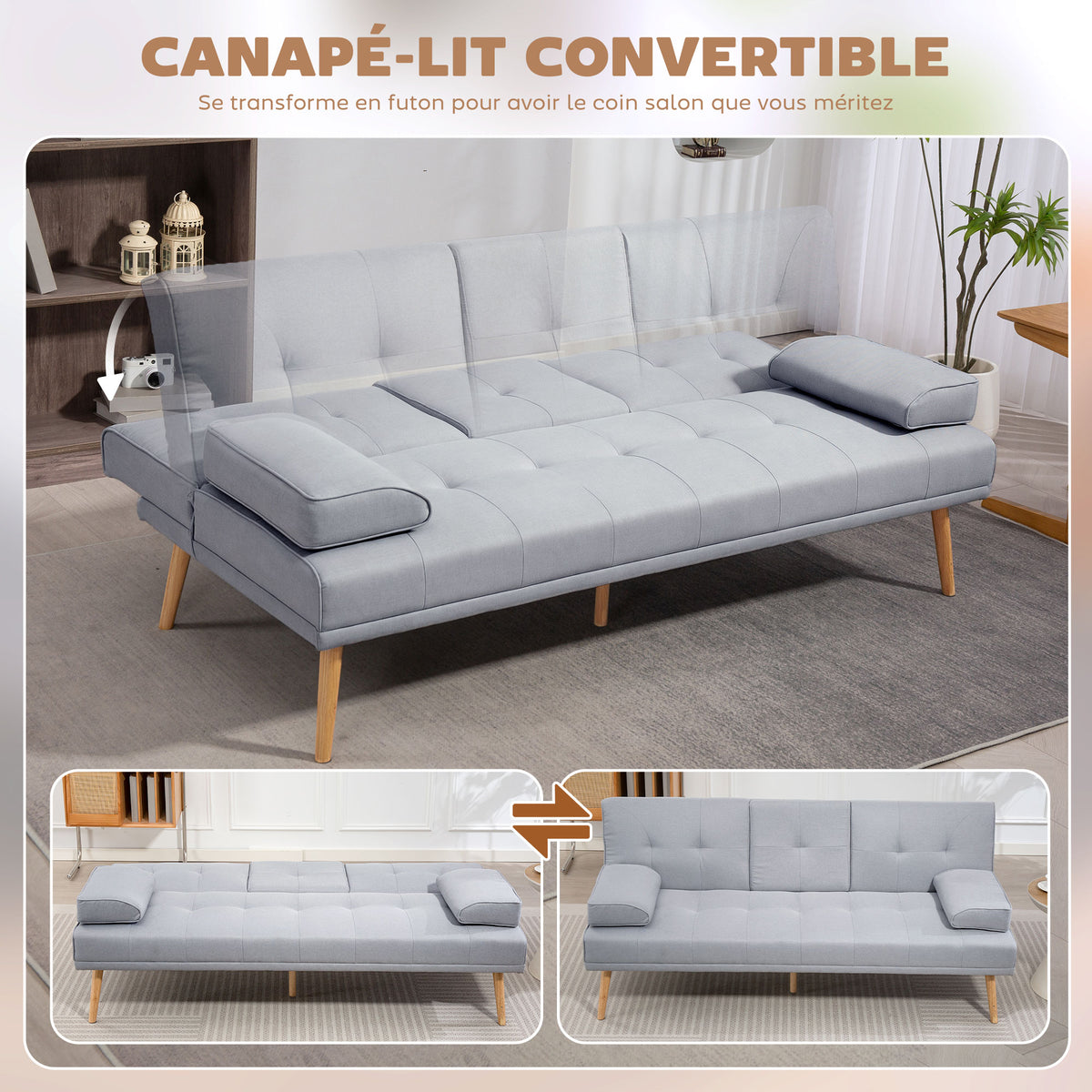 Canapé convertible 3 places, canapé-lit rembourré avec dossier réglable 3 niveaux, 2 coussins et 2 porte-gobelets intégrés, tissu de lin, pour salon, chambre d'amis, petit espace, gris clair