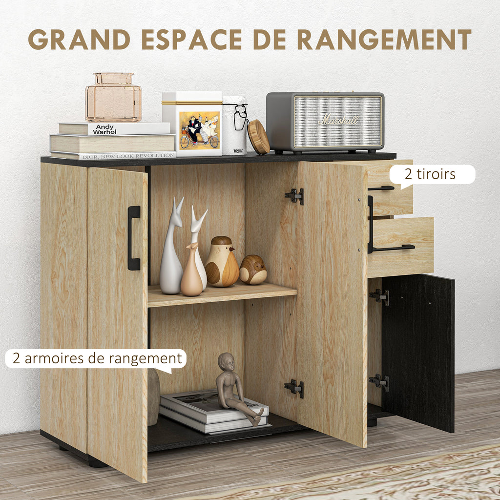 Meuble buffet de rangement cuisine 2 placards étagère réglable 2 tiroirs 90 x 30 x 75,5 cm naturel noir