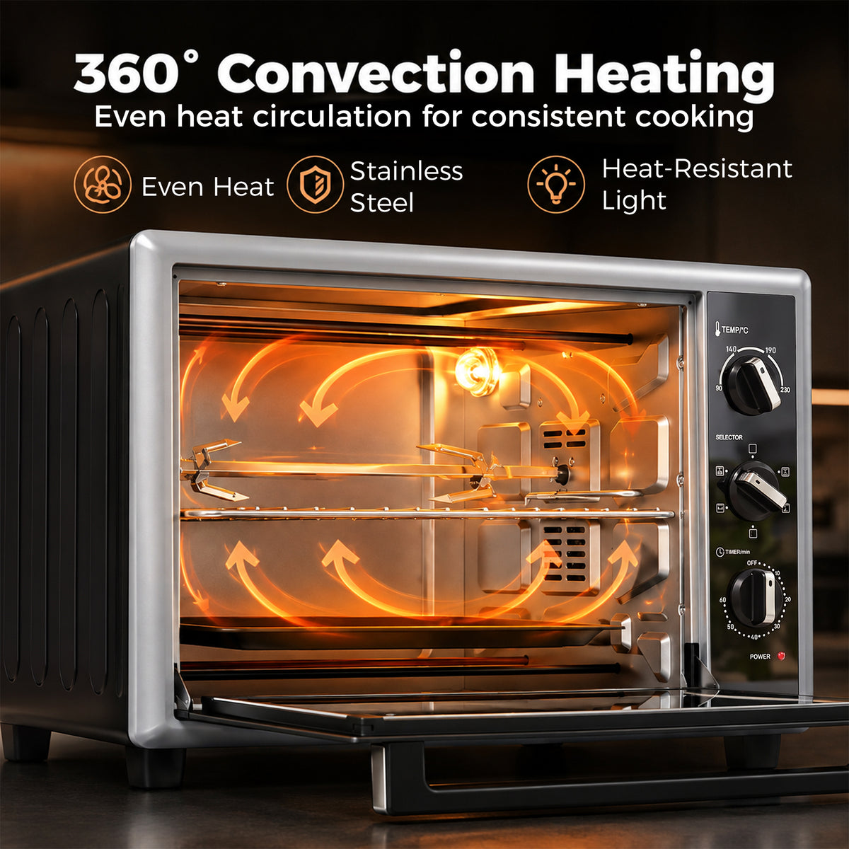 Mini-Four Électrique avec Broche Rotative 46L 1800W, Four à Convection Multifonction, Chaleur Tournante, Minuterie, Noir