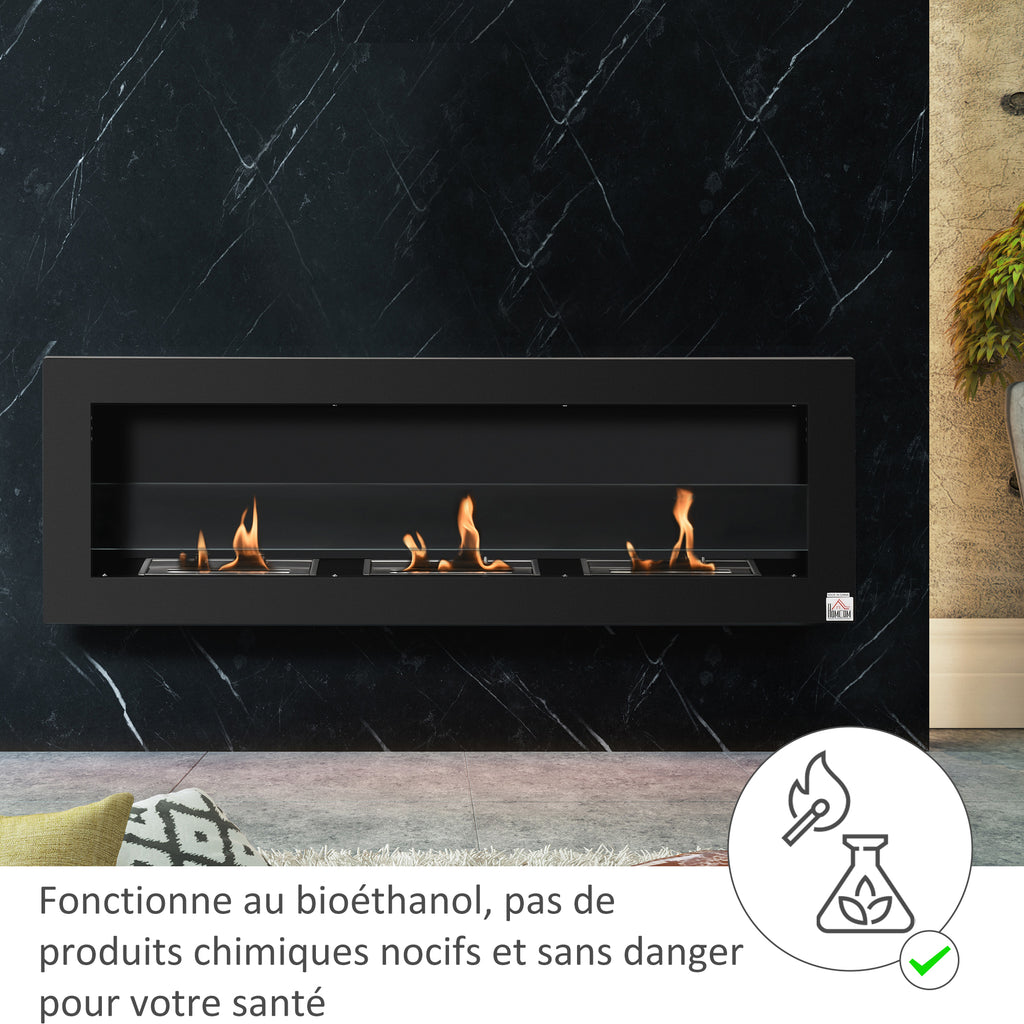 Cheminée bioéthanol Murale encastrable 3 brûleurs 3 L au total, environ 3 h de durée de combustion, dims. 120L x 15l x 40H cm, acier inox noir