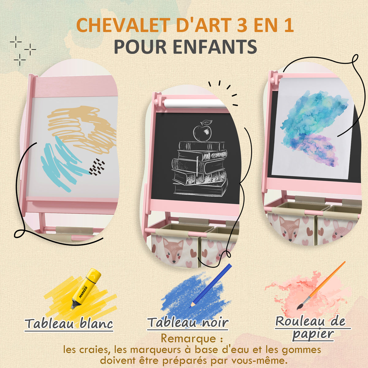 Tableau chevalet double-face rouleau papier 2 paniers + meuble à jouets de rangement à 6 boîtes, 63 x 30 x 66 cm, rose