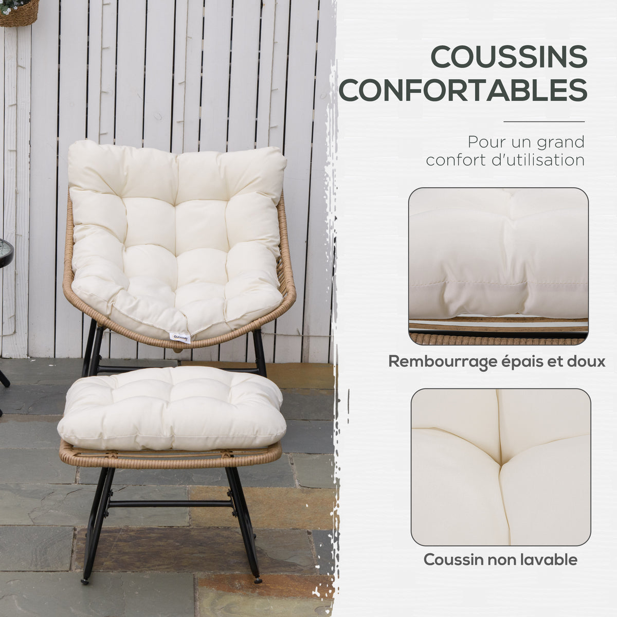 Fauteuil chaise de jardin avec repose-pieds en métal époxy et résine tressée aspect rotin avec coussins