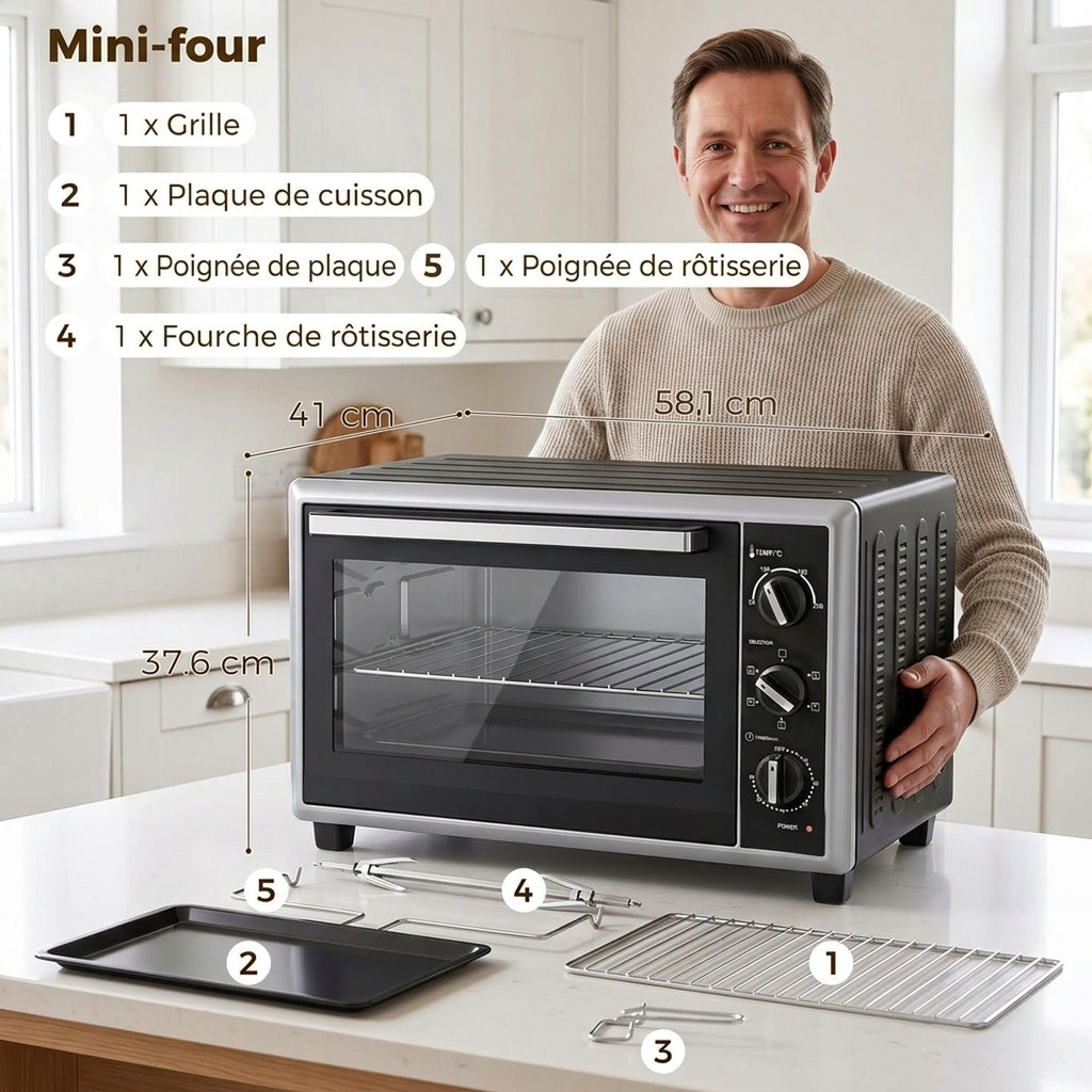 Mini-Four Électrique avec Broche Rotative 46L 1800W, Four à Convection Multifonction, Chaleur Tournante, Minuterie, Noir
