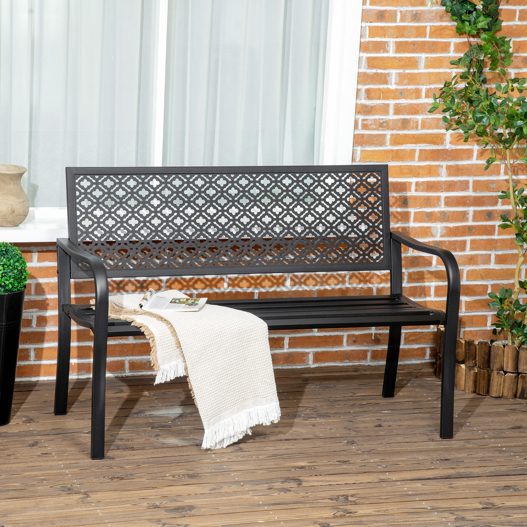Banc de jardin banc extérieur jardin en acier avec dossier à motif floral pour 2 personnes 127 x 63 x 83 cm noir