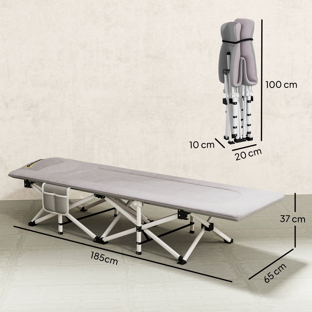 Lit de camping pliable avec matelas transat chaise longue sac de rangement intégrée dim. 185L x 65l x 37H cm gris