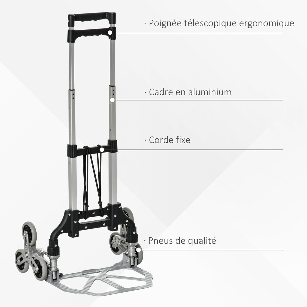 Diable escalier pliant en aluminium avec 6 roues et sangle - charge de 70 kg avec - argent et noir
