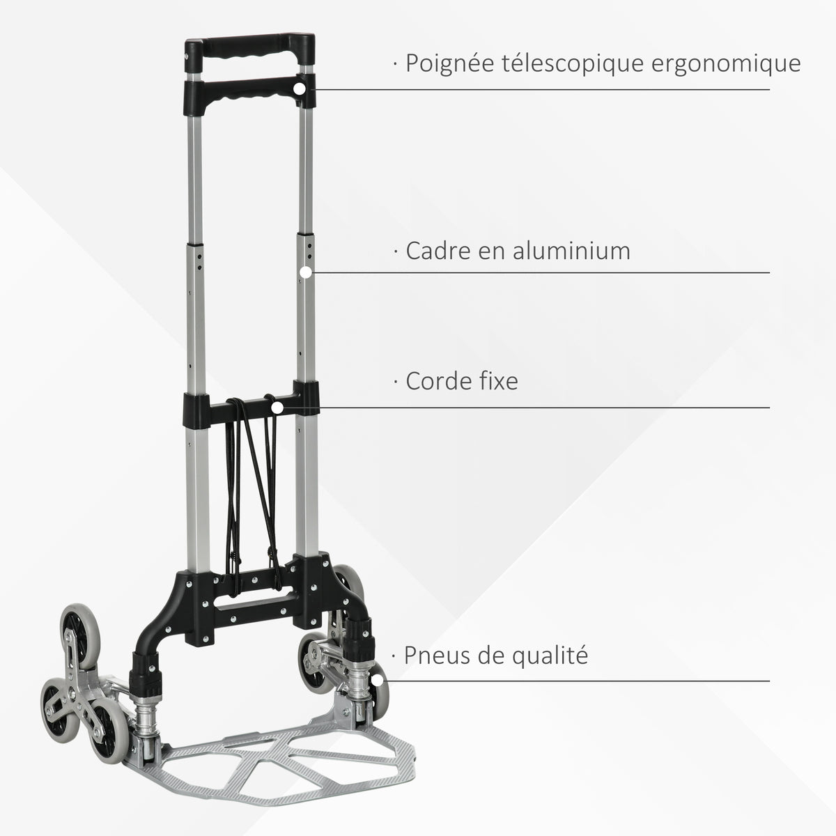 Diable escalier pliant en aluminium avec 6 roues et sangle - charge de 70 kg avec - argent et noir