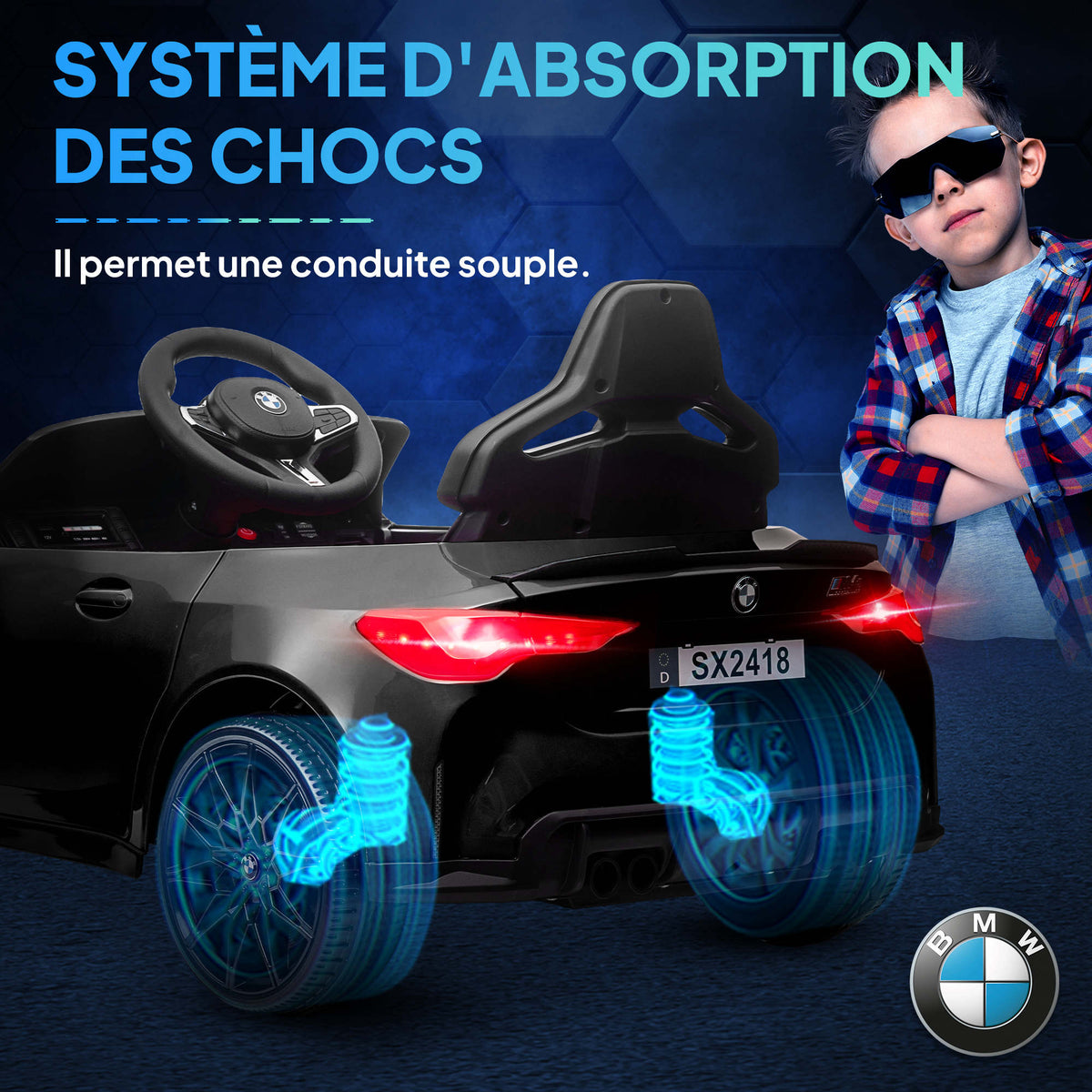 Voiture Électrique pour Enfants BMW M4 12V avec Télécommande 2,4G, Double Moteur, Klaxon, Lumières LED, Noir