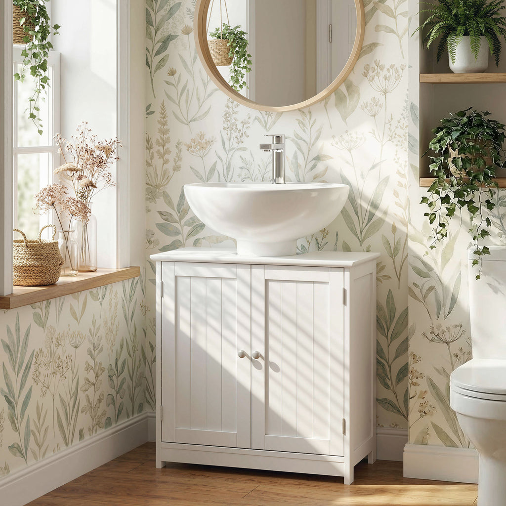 Meuble salle de bain sous lavabo - meuble sous-vasque - placard 2 portes avec étagère - dim. 60L x 30l x 60H cm - en bois blanc