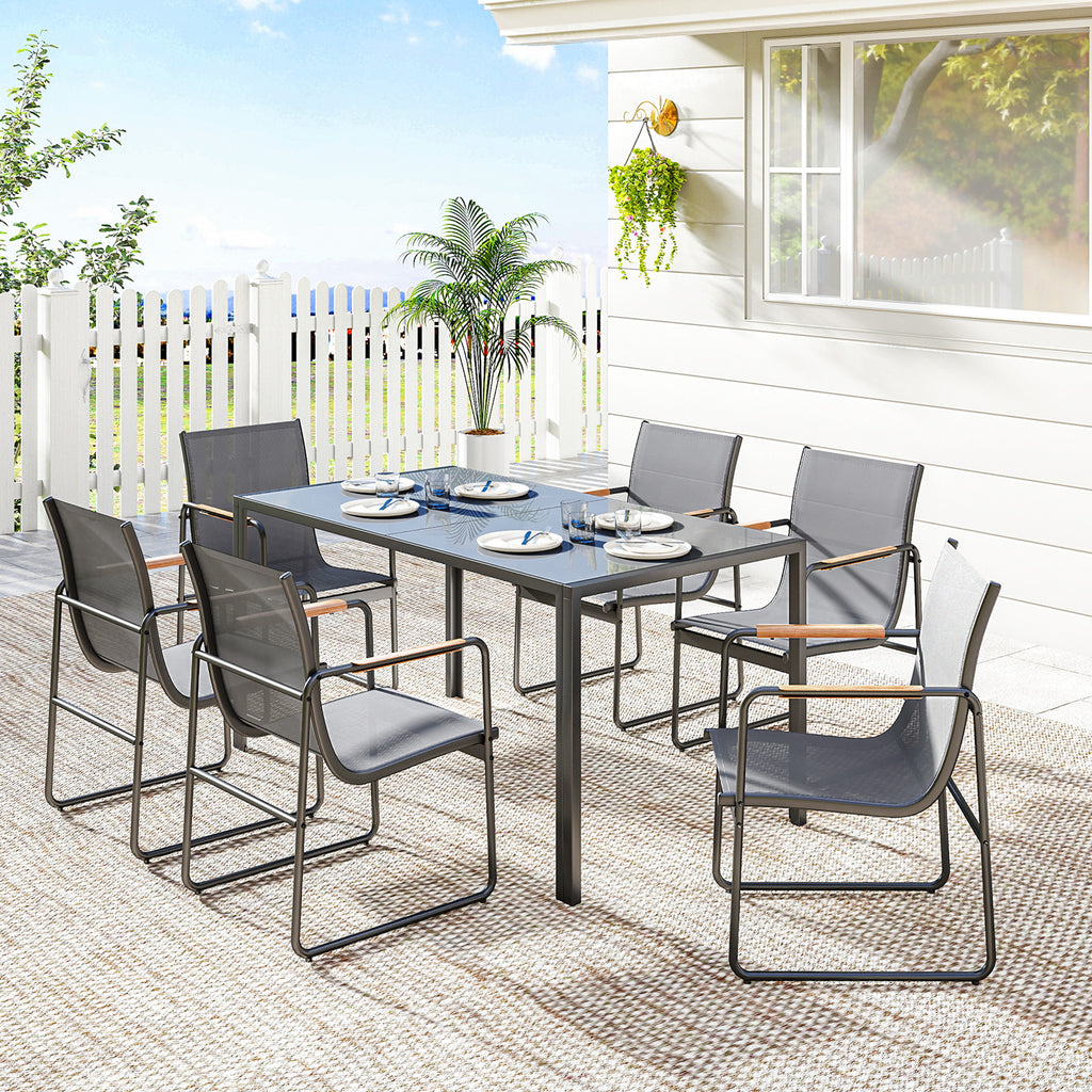 Ensemble de Salle à Manger d'Extérieur 7 Pièces pour 6 Personnes, Table en Verre et Chaises en Maille avec Accoudoirs Décoratifs, Gris