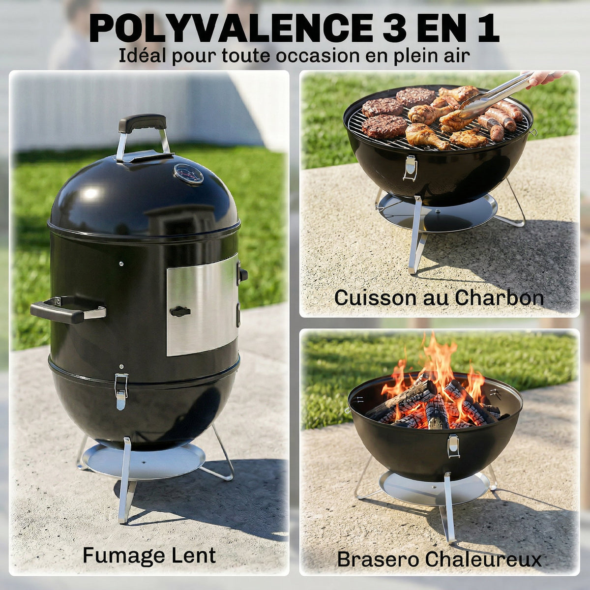 Fumoir 3 en 1 avec 3 Grilles de Cuisson, Thermomètre Intégré, Ventilation Réglable, 62,5x47,5x91cm, Noir