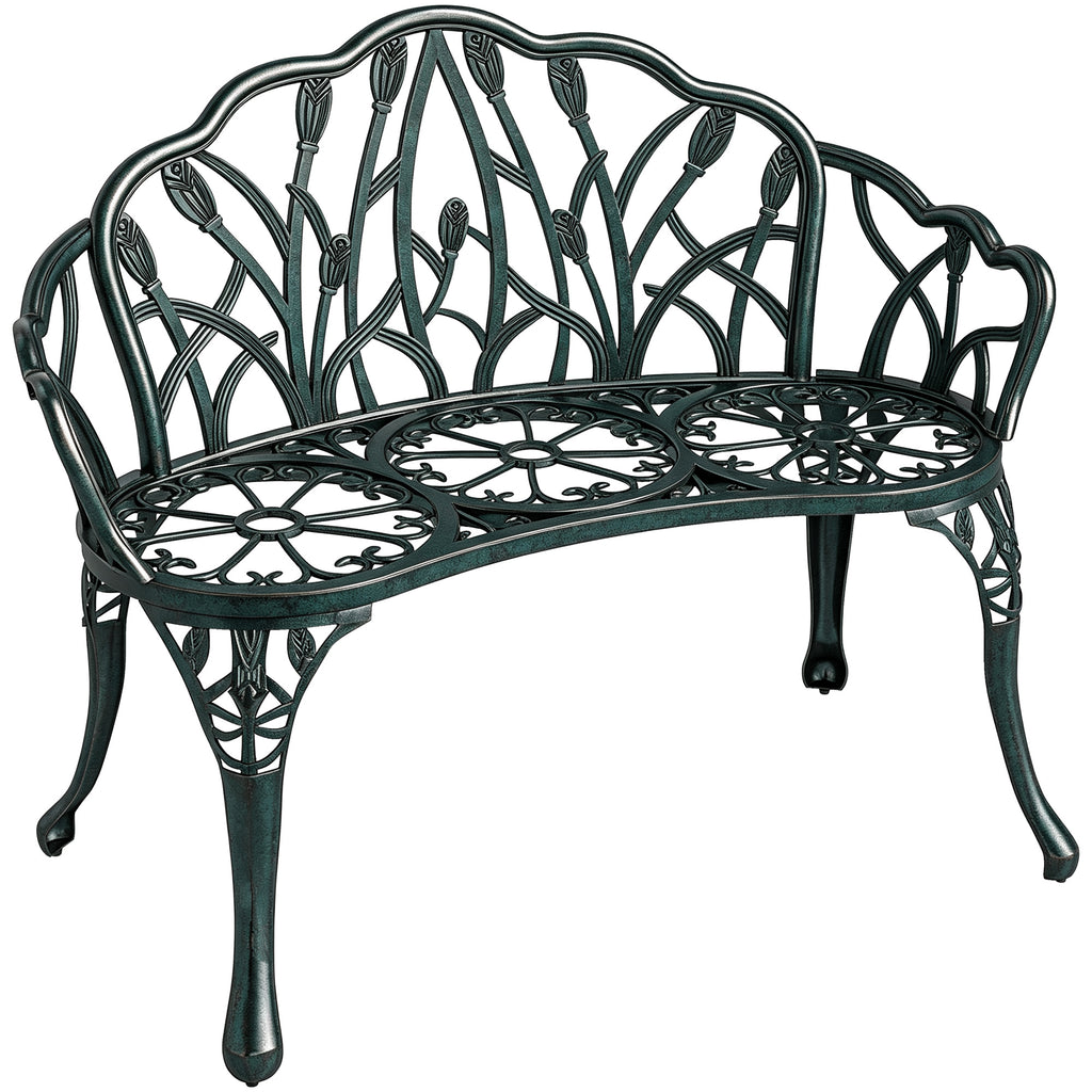 Banc de jardin en aluminium moulé, banc extérieur 2 places avec dossier tulipe, assise florale, 99x57x78cm, vert antique