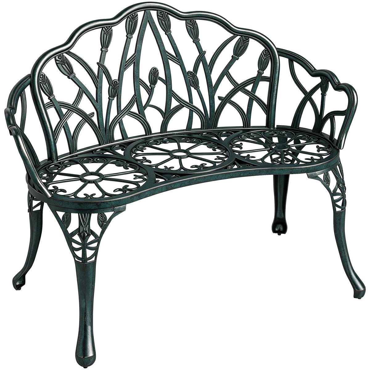 Banc de jardin en aluminium moulé, banc extérieur 2 places avec dossier tulipe, assise florale, 99x57x78cm, vert antique