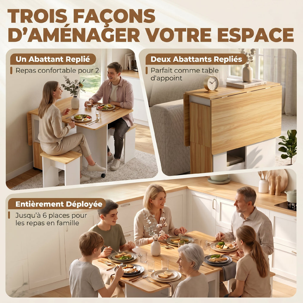 Ensemble table salle à manger pliante avec 4 chaises, table de cuisine avec chaises pour 4 personnes, roulettes, chêne