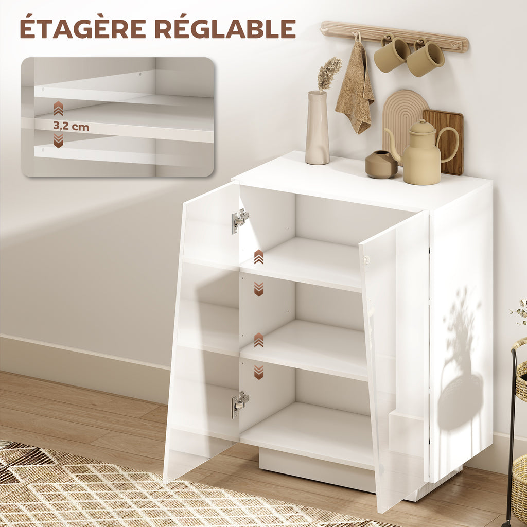 Buffet meuble de rangement avec placard double porte et étagère réglable, 70 x 40 x 88 cm, blanc brillant