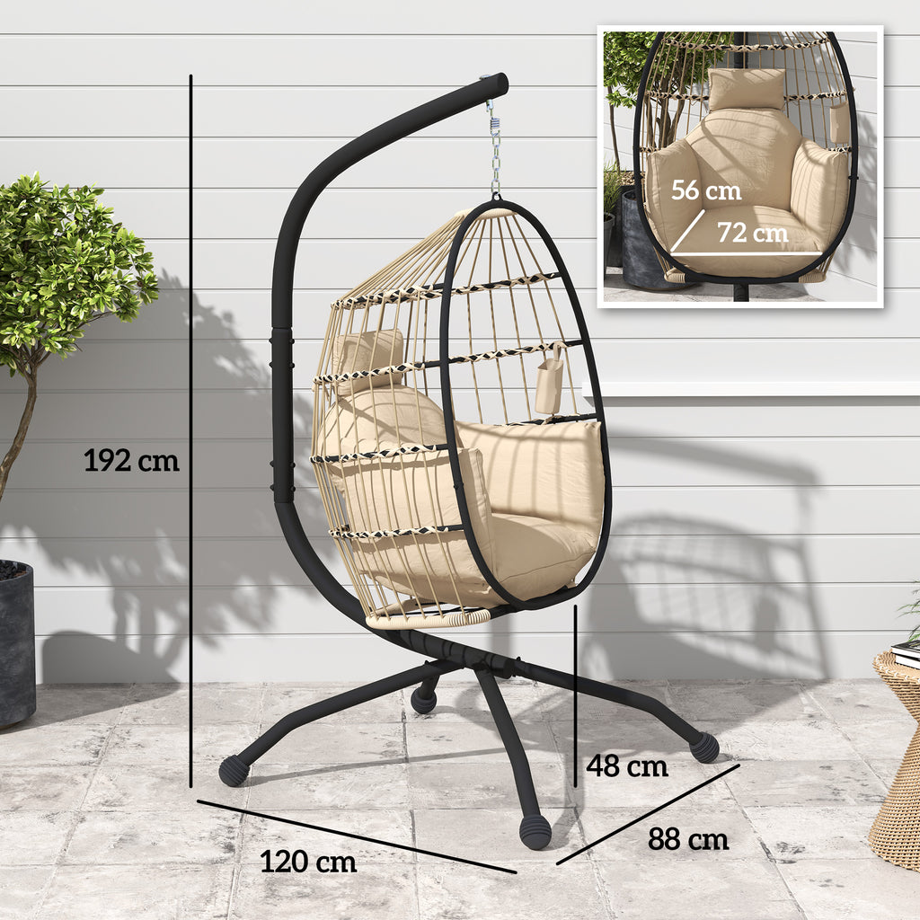 Fauteuil oeuf suspendu, intérieur et extérieur, panier pliable, coussin rembourré, cadre en acier, beige