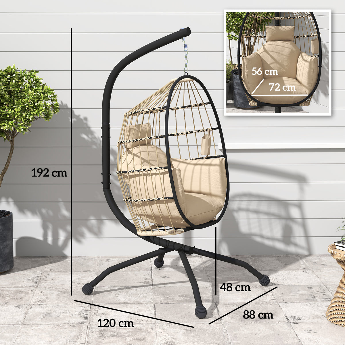 Fauteuil oeuf suspendu, intérieur et extérieur, panier pliable, coussin rembourré, cadre en acier, beige